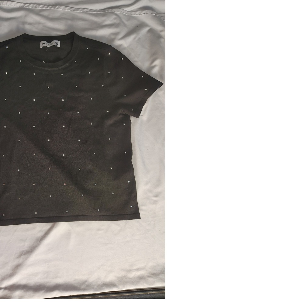 DKNY Jeans Womens Black Rhinestone Embellished Short Sleeve Knit Top DJ4R0437 S